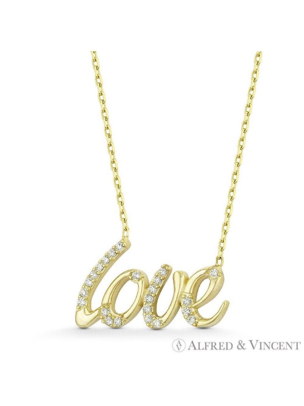 "Love" Script CZ Crystal Pendant in .925 Sterling Silver w/ 14k Yellow Gold